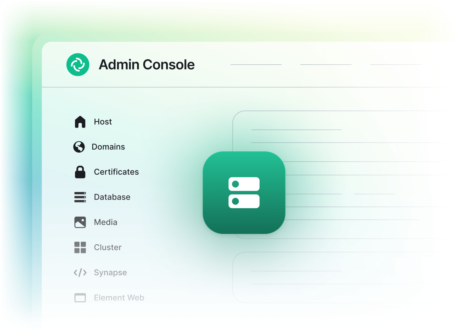 An image of the Admin console graphical interface, used for administering your homeserver and Roomys server suite.