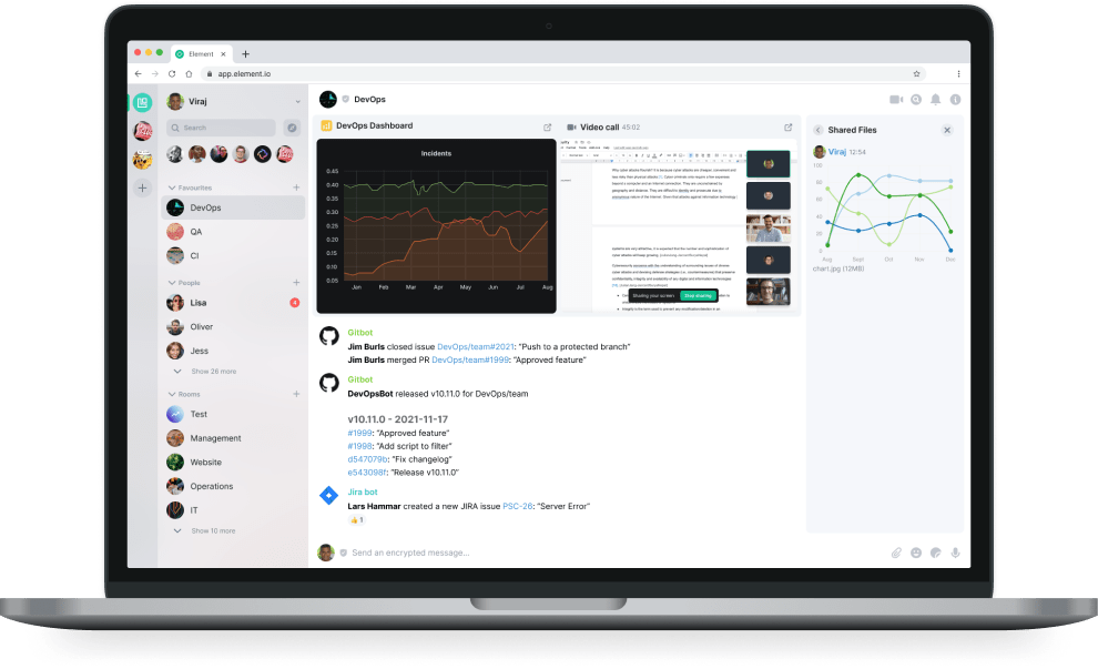 DevOps team collaboaring with chat, in-room commands, bots, live data and video calls.