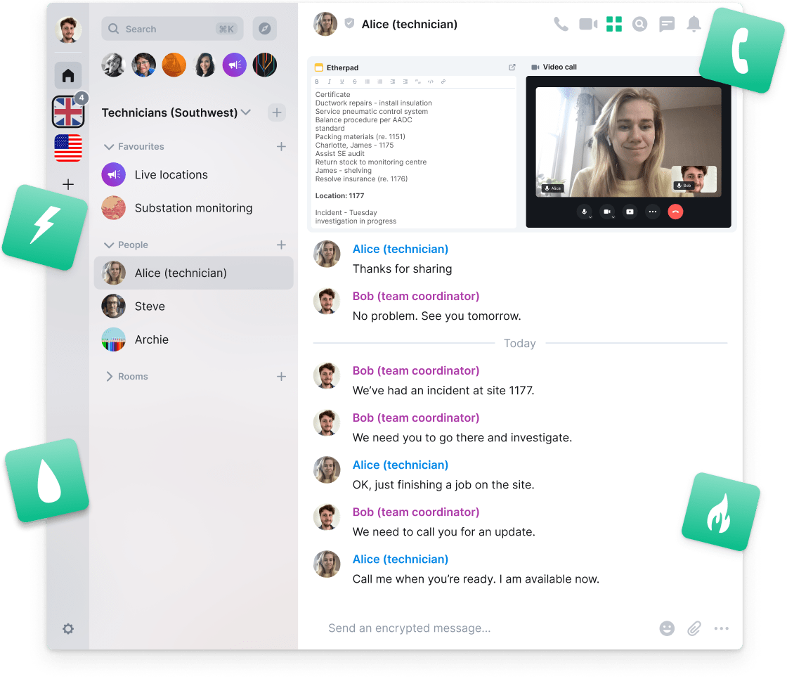 A screenshot of Roomys depicting mission-critical communications between utilities coordinators and technicians, who are dicussing an incident on a video call, while making notes in room via a widget.